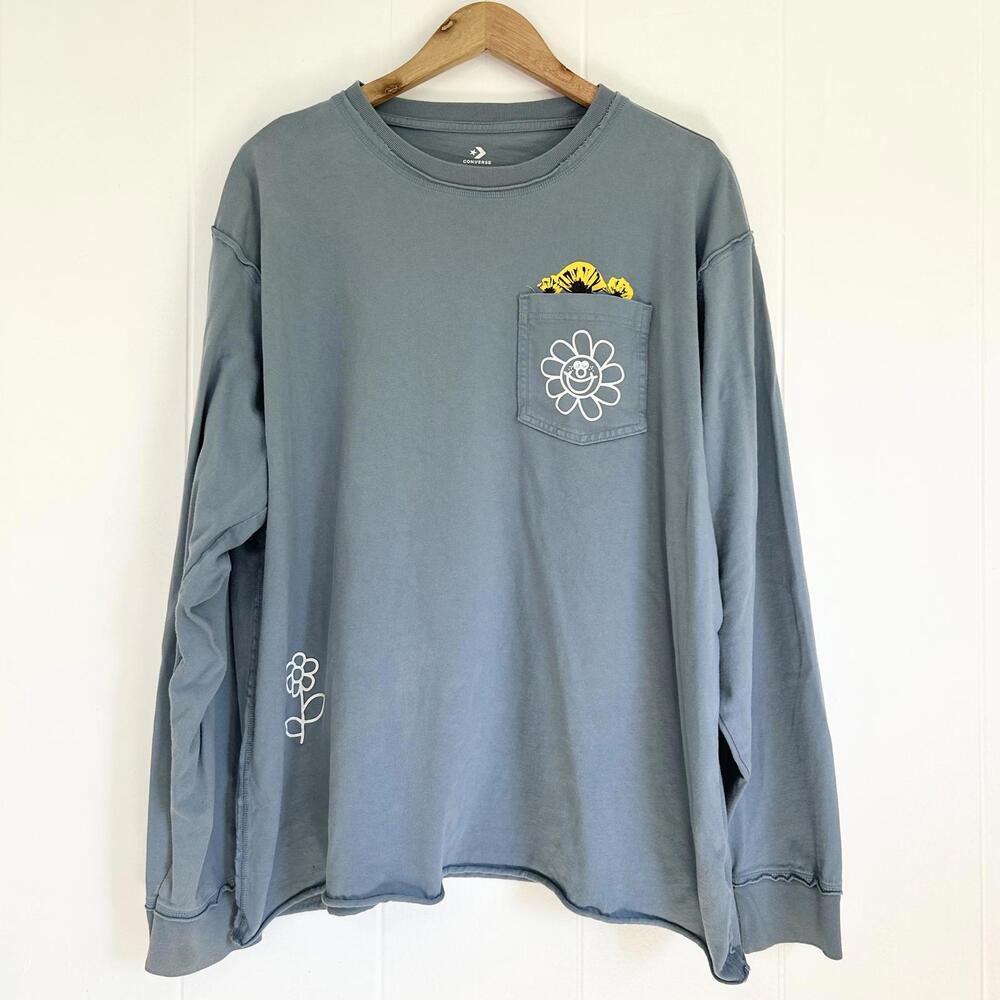 Converse Streetwear Keep Smiling Blue Floral Long Sleeve Shirt Men's XL